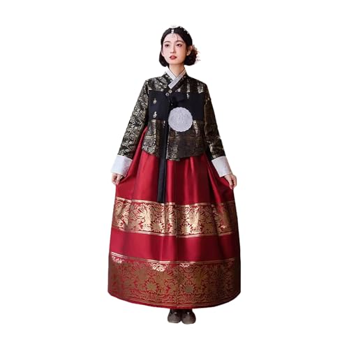 Tjlmomo Hanbok-Kleid für Damen uraltes koreanisches traditionelles Kleid Outfit mit Blumenstickerei Cosplay Nationalkostüm (Schwarzes Top + roter Rock) von Tjlmomo