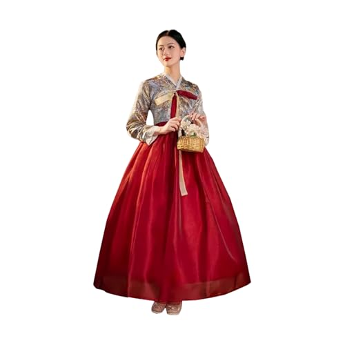 Tjlmomo Hanbok-Kleid für Damen uraltes koreanisches traditionelles Outfit mit Blumenstickerei nationales Cosplay-Kostüm (Rotes Kleid) von Tjlmomo