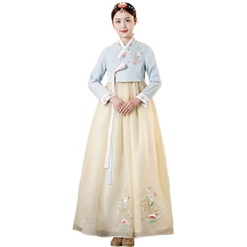 Tjlmomo Hanbok Kleid für Frauen koreanisches altes traditionelles Kleid Outfit mit Blumenstickerei Cosplay Nationalkostüm (BlueTop-YellowDress) von Tjlmomo