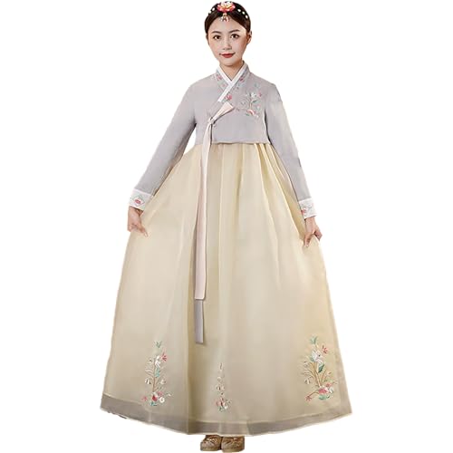 Tjlmomo Hanbok Kleid für Frauen koreanisches altes traditionelles Kleid Outfit mit Blumenstickerei Cosplay Nationalkostüm (GrayTop-YellowDress) von Tjlmomo