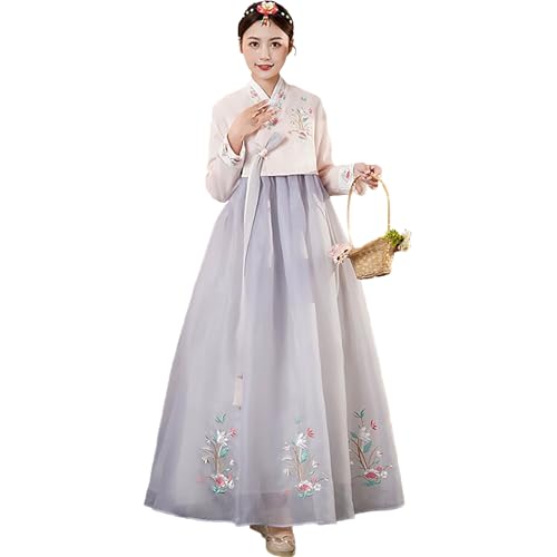 Tjlmomo Hanbok Kleid für Frauen koreanisches altes traditionelles Kleid Outfit mit Blumenstickerei Cosplay Nationalkostüm (PinkTop-GrayDress) von Tjlmomo