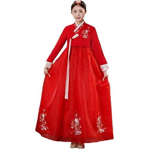 Tjlmomo Hanbok Kleid für Frauen koreanisches altes traditionelles Kleid Outfit mit Blumenstickerei Cosplay Nationalkostüm (RedTop-RedDress) von Tjlmomo