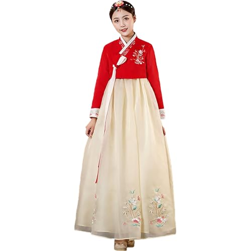 Tjlmomo Hanbok Kleid für Frauen koreanisches altes traditionelles Kleid Outfit mit Blumenstickerei Cosplay Nationalkostüm (RedTop-YellowDress) von Tjlmomo