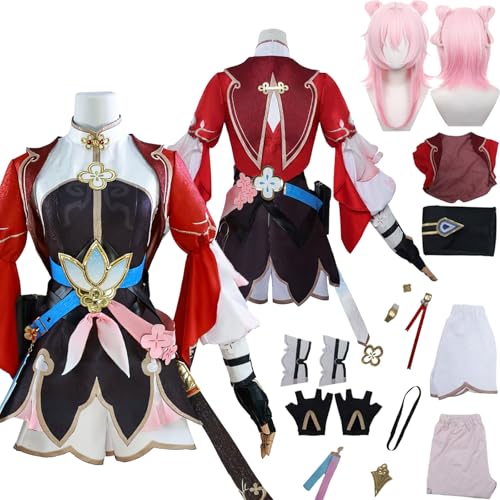 Tjlmomo March 7th Cosplay Uniform Kostüm Anime Honkai Star Rail Cosplay Outfits mit Hose Rock Verkleidung Anzug Halloween Karneval Party Kleidung Zubehör Komplettset für Frauen Mädchen von Tjlmomo