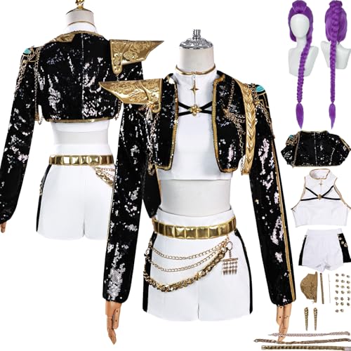Tjlmomo Rumi Cosplay Schwarz Kostüm Uniform Anime K-Kpop D-Demon H-Hunters Cosplay Outfits mit Perücke Rolle Zoey Mira Uniform Verkleidung Anzug Halloween Karneval Party Kleidung Set für Frauen von Tjlmomo