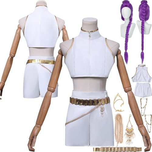 Tjlmomo Rumi Cosplay Weiß Kostüm Uniform Anime K-Kpop D-Demon H-Hunters Cosplay Outfits mit Perücke Rolle Zoey Mira Uniform Verkleidung Anzug Halloween Karneval Party Kleidung Set für Frauen von Tjlmomo