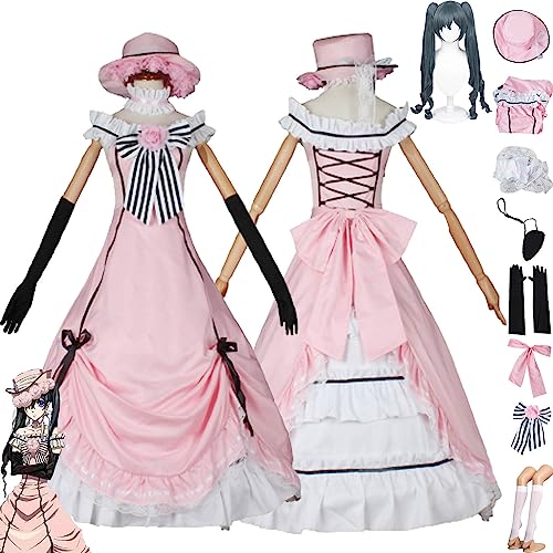 Tjmiaohao Anime Black Butler Ciel Phantomhive Cosplay Kostüm Outfit Rosa Kleider Uniform Hut Perücke Augenmaske Komplettset Halloween Karneval Dress Up Anzug für Frauen Mädchen (M) von Tjmiaohao