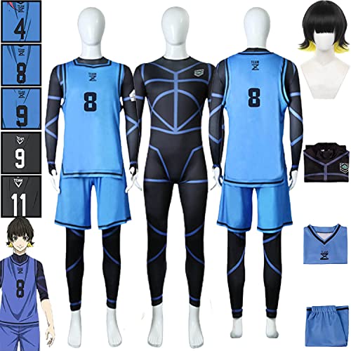 Tjmiaohao Anime Blue Lock Cosplay Kostüm Outfit Nr. 8 Bachira Meguru Fußballtrikot Sportswear Uniform Full Set Herren Jungen Halloween Karneval Party Dress Up Anzug mit Perücke (M) von Tjmiaohao