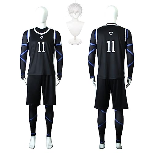 Tjmiaohao Anime Blue Lock No.11 Nagi Seishirou Cosplay Kostüm Outfit Football Jersey Sportswear Uniform Full Set Halloween Karneval Dress Up Anzug mit Perücke für Männer Jungen (S) von Tjmiaohao