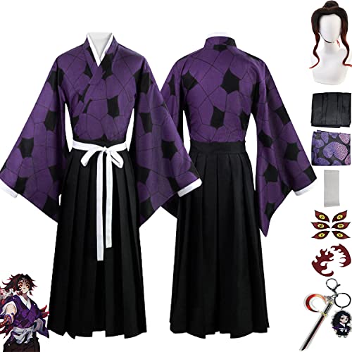 Tjmiaohao Anime Charakter Kokushibou Cosplay Kostüm Outfit Demon Slayer Kimono Perücke Tattoo Aufkleber Schlüsselanhänger Full Set Halloween Karneval Anziehanzug für Männer Jungen (M) von Tjmiaohao