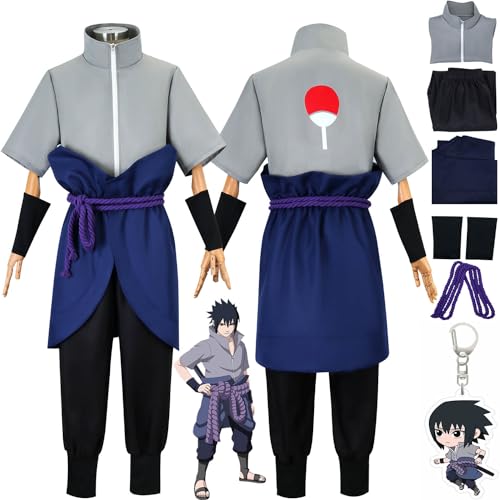 Tjmiaohao Anime Charakter Uchiha Sasuke Cosplay Kostüm Outfit Role Play Grau Uniform Full Set Halloween Karneval Party Dress Up Anzug mit Schlüsselanhänger für Männer Jungen (S) von Tjmiaohao