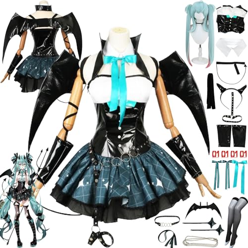 Tjmiaohao Anime Little Devil Miku Cosplay Kostüm Outfit H'atsune M'iku Uniform Full Set Halloween Party Dress Up Anzug mit Perücke/Kopfschmuck/Flügel/Sticker für Frauen Mädchen (XS) von Tjmiaohao