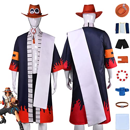 Tjmiaohao Anime One Piece Portgas D Ace Cosplay Kostüm Outfit Wano Country Kinono Full Set Halloween Party Karneval Uniform Anziehanzug mit Armbändern Hut für Männer Jungen (XXL) von Tjmiaohao