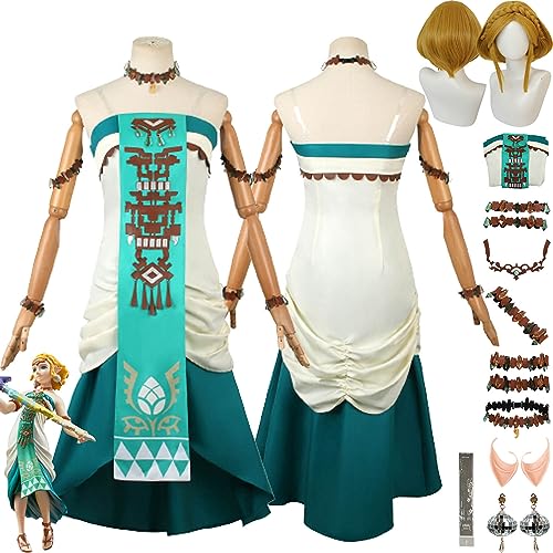 Tjmiaohao Game Tears of the Kingdom Zelda Prinzessin Cosplay Kostüm Outfit Uniform Kleider Komplettes Set Halloween Dress Up Anzug mit falschen Ohrringen Perücke für Frauen Mädchen (S) von Tjmiaohao
