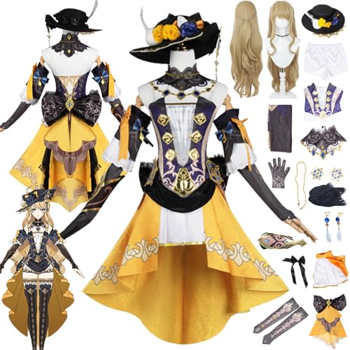 Tjmiaohao Genshin Impact Navia Cosplay Kostüm Outfit Spiel Charakter Uniform Full Set Halloween Karneval Dress Up Anzug mit Kopfschmuck/Perücke/Hut/Ohrringe für Frauen Mädchen (S) von Tjmiaohao