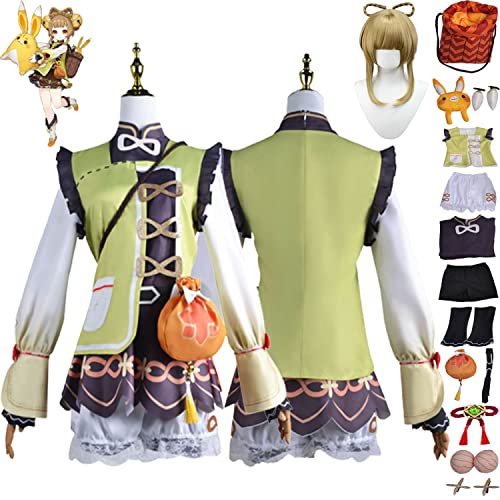 Tjmiaohao Genshin Impact YaoYao Cosplay Kostüm Outfit Spielfiguren Hutao Uniform Full Set Frauen Mädchen Halloween Party Dress Up Anzug mit Perücke Rucksack Puppe (L) von Tjmiaohao