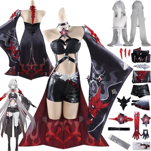 Tjmiaohao Honkai Star Rail Acheron Second Form Cosplay Kostüm Outfit Spiel Charakter Uniform Full Set Halloween Dress Up Anzug mit Perücke Kopfschmuck Sticker für Frauen Mädchen (XXL) von Tjmiaohao