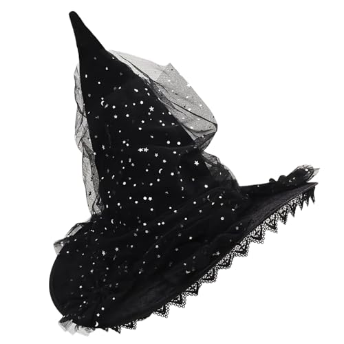 Cooler Hexenhut mit Stern Tüll für Damen Herren Teenager Halloween Party Spitze Sheer Retro Zauberer Cosplay Halloween Hüte Kinder von Tkidplw