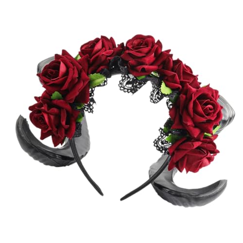 Day of the Dead Horn Lace Hair Hoop Halloween Bride Horn Rollenspiel Kostüm Abschlussbälle Party Live Show Kopfbedeckung Foto Requisiten Rose Blume Haarband von Tkidplw