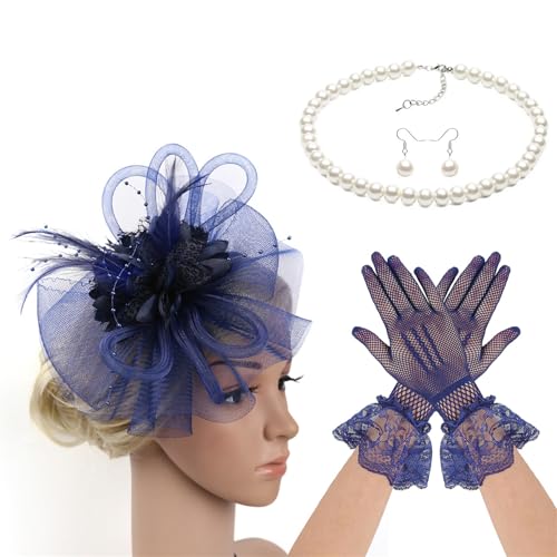 Tkidplw Damen-Derby-Hut-Fascinator mit Halsschmuck, Ohrringen, Handschuhen für Cocktails, besondere Anlässe, Rollenspiel-Zubehör, Pferderennen, Festival, Haarschmuck von Tkidplw