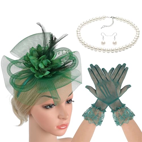 Tkidplw Damen-Derby-Hut-Fascinator mit Halsschmuck, Ohrringen, Handschuhen für Cocktails, besondere Anlässe, Rollenspiel-Zubehör, Pferderennen, Festival, Haarschmuck von Tkidplw