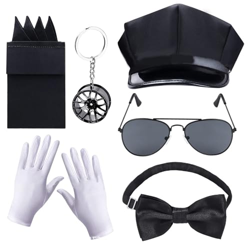 Tkidplw Urlaubs-Chauffeur-Kostüm-Zubehör, Dariver-Hut, Brille, Fliege, Handschuhe, um Ihr Halloween-Halloween-Kostüm-Zubehör für Damen zu erhellen Tkidplw Urlaubs-Chauffeur-Kostüm-Zubehör, Dariver-Hut, Brille, Fliege, Handschuhe, um Ihr Halloween-Halloween-Kostüm-Zubehör für Damen zu erhellen von Tkidplw