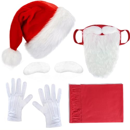 Tkidplw Weihnachtliches Cosplay-Kostüm mit Hut, Schal, selbstklebende Augenbrauen für Erwachsene, Halloween, Hochzeit, warmweiße Handschuhe von Tkidplw