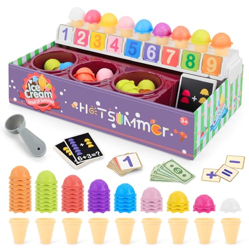 Eisdiele Kinder, 97-teilig, Eisdielen Spielzeug Rollenspiel mit EIS Spielzeug, Spielgeld & 0-9 Nummer, 9 Sorten Eiscreme in Eistüten, Mathematisches Spielzeug für Kinder Mädchen 3 4 5 6 Jahre von Tlater