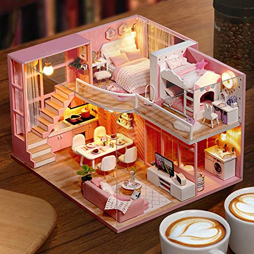 Tnfeeon Puppenhaus aus Holz, DIY rosa Puppenhaus, Miniatur-Puppenhaus, Geburtstagsgeschenk für Heimtextilien Mädchen von Tnfeeon