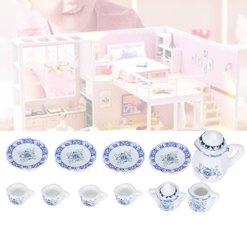 Tnfeeon Porzellan Tee Tasse Set Miniatur Elegant Klassisch Style Dollhouse Dekoration Küche 15pcs Schönes (Blau weiße Porzellanfarbe) von Tnfeeon