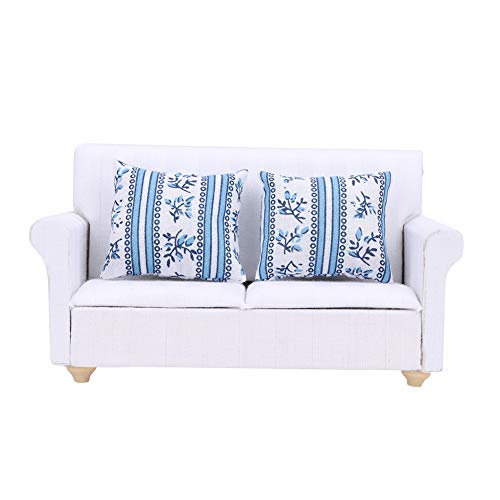 Schöne Miniaturmöbel im Maßstab 1:12, weißes europäisches Sofa mit Kissen Wohnzimmermöbel Puppenhauszubehör(1 x 2 Sitzsofa 2 x Kissen) von Tnfeeon