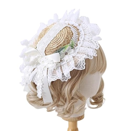 Tnxpumi Damen Cla Lolita Spitze Blumen Pastorale Top Flacher Strohhut Dienstmädchen Kopfschmuck Kopfbedeckung Cosplay Kopfbedeckung (beige) von Tnxpumi