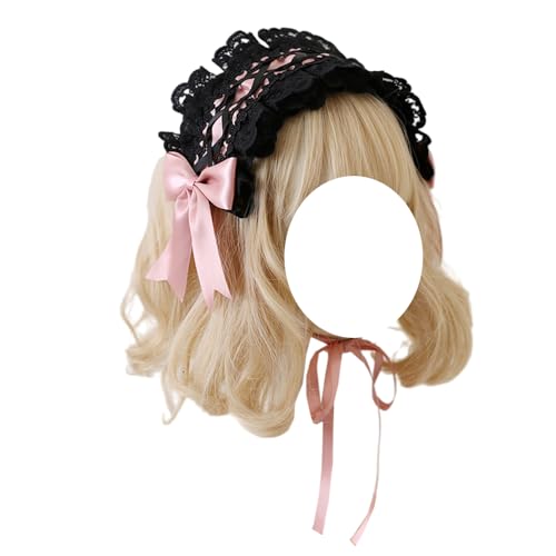 Tnxpumi Damen Lolita Stirnband Schwarz Spitze Dienstmädchen Haarband Haarschmuck Mädchen Gothic Kopfschmuck für Cosplay Kostüm Party (Rosa) von Tnxpumi