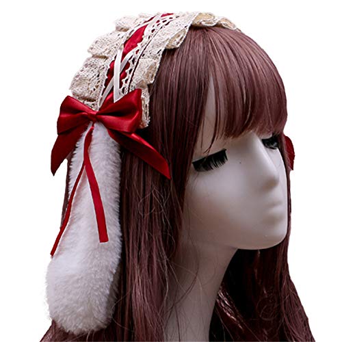 Tnxpumi Halloween Frauen Pelzige Hasenohren Clips Schleife Lolita Dienstmädchen Spitze Stirnband Zubehör (rot) von Tnxpumi