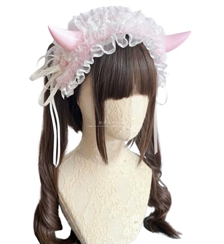 Tnxpumi Halloween Gothic Lolita Kopfschmuck Spitze Teufelshörner Cosplay Stirnbänder Haarband Haarschmuck Kopfbedeckung Party (Rosa Spitze/Teufelshörner) von Tnxpumi