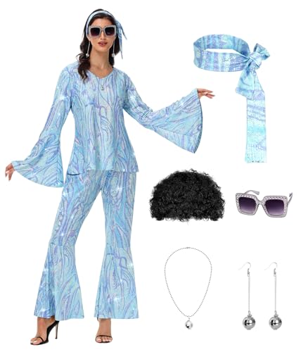 70er Jahre Disco Kostüm für Damen - 1970er Jahre Disco Outfit mit Perücke, Ohrringen, Brillen, Halskette, Stirnband, Paillettenoberteil und Glockenhose, Hell, blau, XXL 70er Jahre Disco Kostüm für Damen - 1970er Jahre Disco Outfit mit Perücke, Ohrringen, Brillen, Halskette, Stirnband, Paillettenoberteil und Glockenhose, Hell, blau, XXL von TobWeaL
