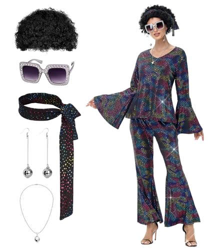 70er Jahre Disco Kostüm für Damen - 1970er Jahre Disco Outfit mit Perücke, Ohrringen, Brillen, Halskette, Stirnband, Paillettenoberteil und Glockenhose, Schwarz, S 70er Jahre Disco Kostüm für Damen - 1970er Jahre Disco Outfit mit Perücke, Ohrringen, Brillen, Halskette, Stirnband, Paillettenoberteil und Glockenhose, Schwarz, S von TobWeaL