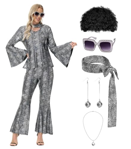 70er Jahre Disco Kostüm für Damen - 1970er Jahre Disco Outfit mit Perücke, Ohrringen, Brillen, Halskette, Stirnband, Paillettenoberteil und Glockenhose, silber, L 70er Jahre Disco Kostüm für Damen - 1970er Jahre Disco Outfit mit Perücke, Ohrringen, Brillen, Halskette, Stirnband, Paillettenoberteil und Glockenhose, silber, L von TobWeaL