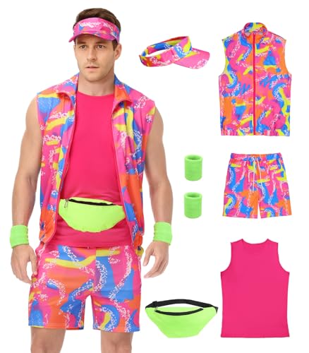 TobWeaL 80er-Jahre-Outfit Herren, 90er-Jahre-Trainingskostüm für Männer, Neon Kostüm Herren für Halloween Karneval Cosplay Paarkostüm Set (Pink, 3X-Large) von TobWeaL