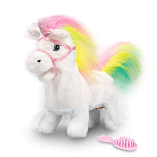 Animigos Rainbow Unicorn, weißes Einhorn mit Regenbogenmähne, ca. 22 cm groß, kann laufen und macht magische Funkelsounds, mit Bürste, für Kinder ab 18 Monate von Tobar