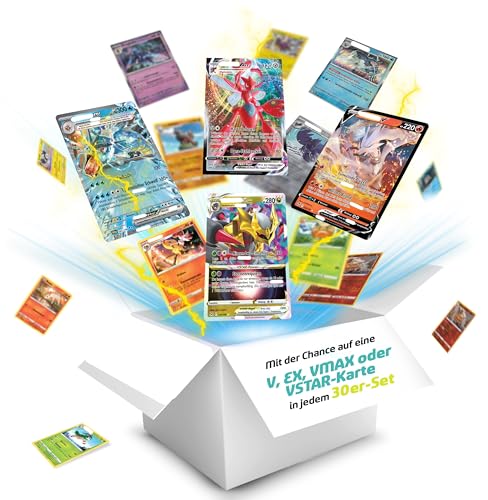 Kartenset für Pokemon Sammelkarten - 30 Verschiedene Neue Deutsche Sammelkarten - 3X Holo-Karten - 1x super seltene V,EX,VMAX Oder VSTAR Garantiert von Tobostop