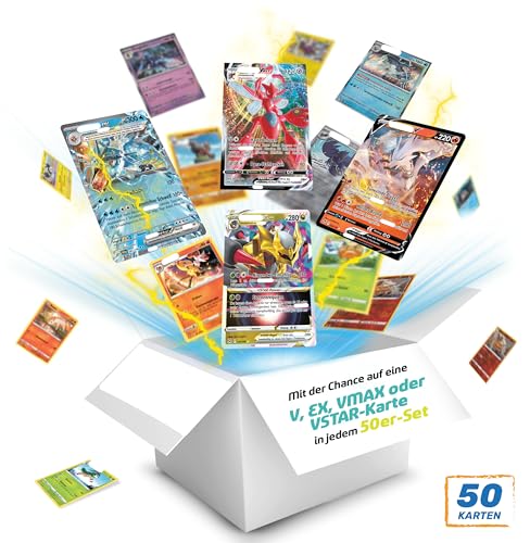 Original Pokemon Karten Set von Tobostop - 50 Verschiedene Neue Deutsche Sammelkarten - 3X Holo-Karten - 1x super seltene V,EX,VMAX Oder VSTAR Pokémonkarte Garantiert von Tobostop