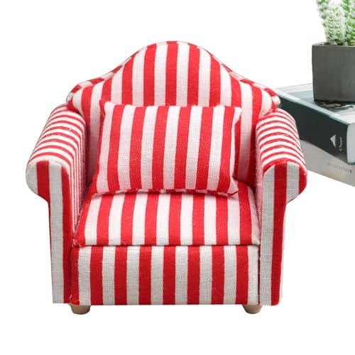 TocaFeank Miniatur-Puppenhaus-Couch-Sofa, Puppenhaus-Couch mit Kissen - -Puppenhaus-Möbel-Couch- und Stuhl-Set im Maßstab 1:12,Hochsimuliertes Miniatursofa aus Holzstoff, rote und weiße Streifen, von TocaFeank
