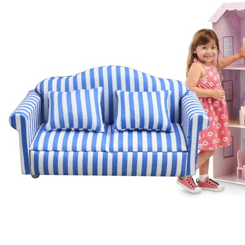 TocaFeank Puppenhaus-Sofa-Sessel, Miniatur-Puppenhaus-Couch-Sofa - -Puppenhaus-Möbel-Couch- und Stuhl-Set im Maßstab 1:12,Rot-weiß gestreiftes Holzgewebe, hochsimuliertes Miniatursofa, von TocaFeank