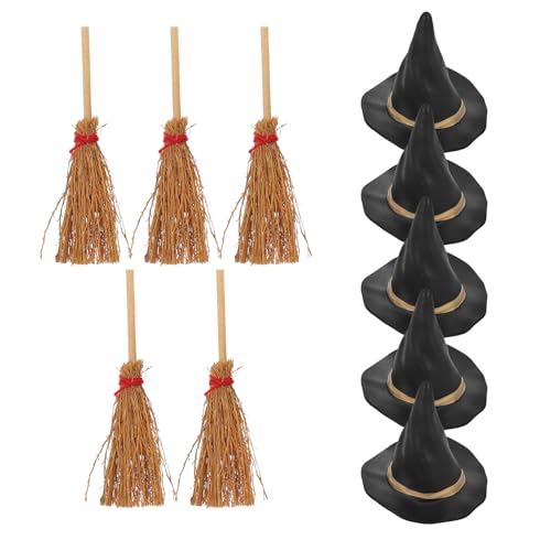 Toddmomy 10-teiliges Miniatur-Hexenhut- und Besen-Set – Zaubererhut und Besenstiel – Halloween-Kostümzubehör zum Basteln und Selbermachen von Dekorationen von Toddmomy