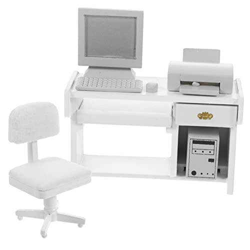 Toddmomy 1Satz Mini Büro Schreibtisch Weißes Und Stuhlmodell Für Puppenhaus Mit Computer Tastatur Hauptgerät Und Drucker Bürozubehör von Toddmomy