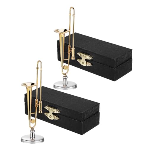 Toddmomy 2 Sets Miniaturposaune: Verkupferte, vergoldete Miniatur-Musikinstrumentposaune mit schwarzem Koffer und Ständer für Puppenhaus-Dekoration, für Musikliebhaber von Toddmomy