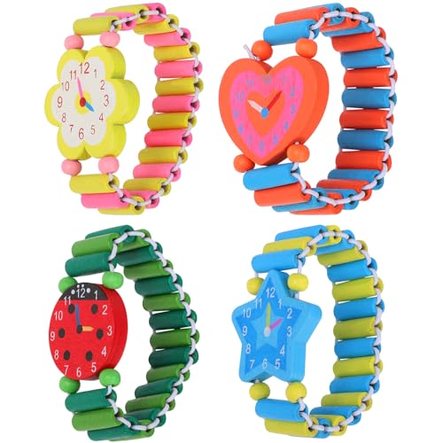 Toddmomy 4-teiliges Kinderuhr-Spielzeug, Dehnbares Cartoon-Armband, Kreatives Rollenspiel-Armbanduhr-Spielzeug aus Holz für Kinder, (zufälliges Muster) von Toddmomy