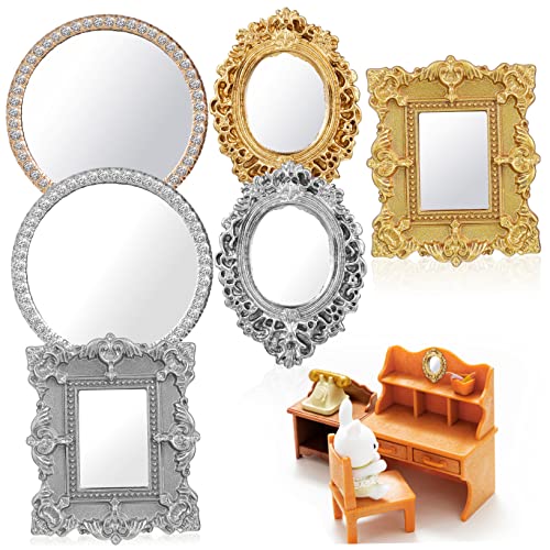 Toddmomy 6 Stück Teiliges Miniaturspiegel für Puppenhaus Europäischer Stil Oval und Quadratisch Gold und Silberfarbene Rahmen mit Strassverzierung Langlebige Resin und Glasdekoration für von Toddmomy