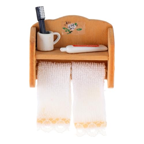 Toddmomy Miniatur Modell mit Handtuch und Zahnbürstenhalter Funktionales Holzregal für Realistische Badezimmer Szenen für Sammler und Puppenliebhaber Zufällige Farbe von Toddmomy